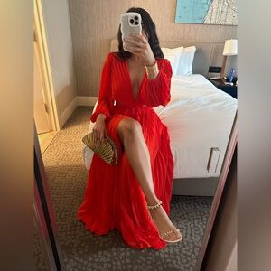 Michael Costello x Revolve Rita Gown Long Sleeve Wedding Guest Dress in Orange